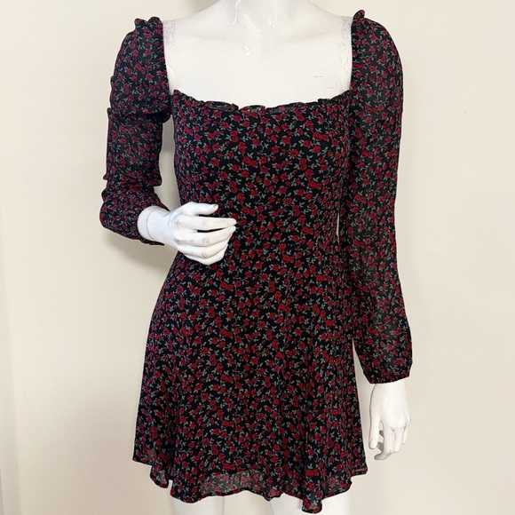 Reformation Dresses & Skirts - Reformation Black and Red Floral Rose Print Long Sleeve Off Shoulder Mini Dress